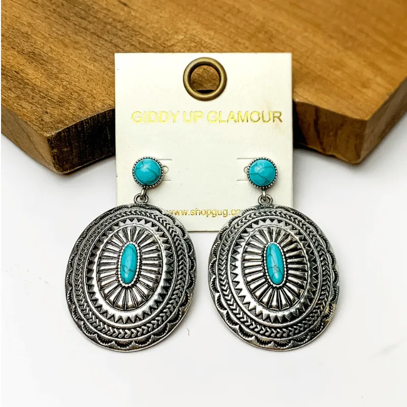 Silver Tone Patterned Earrings with Turquoise Marble Accents