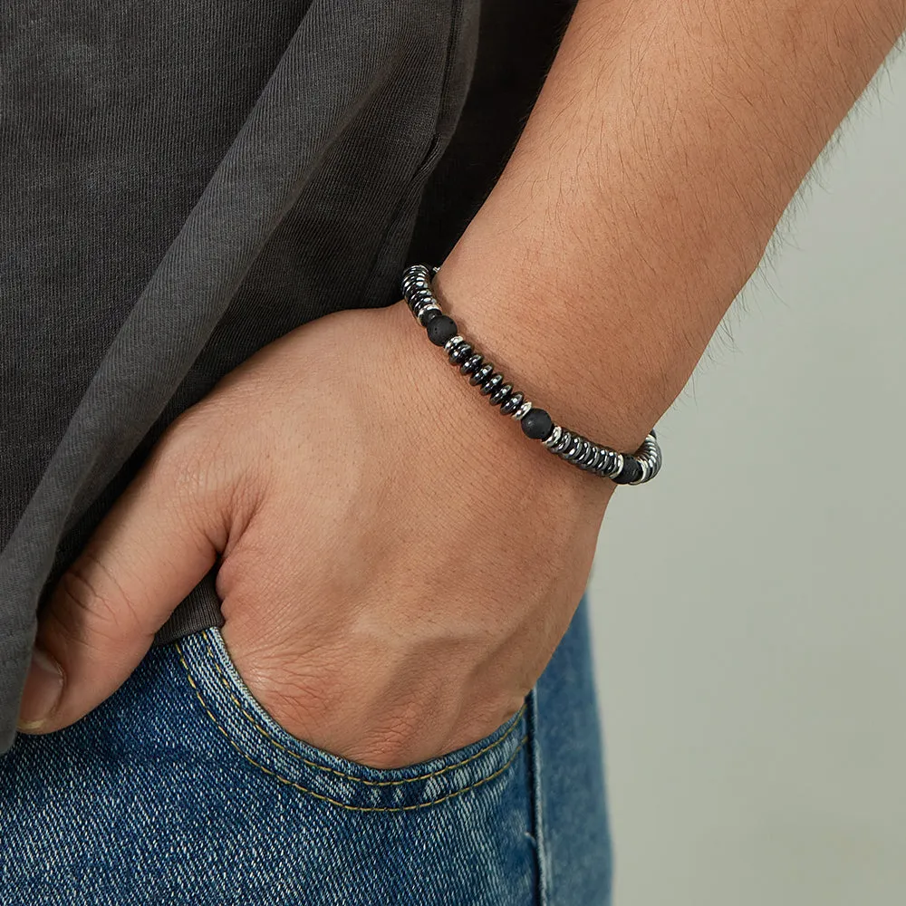 Sleek Men's Hematite and Lava Stone Bracelet with Stainless Steel Accents - Modern and Masculine Jewelry