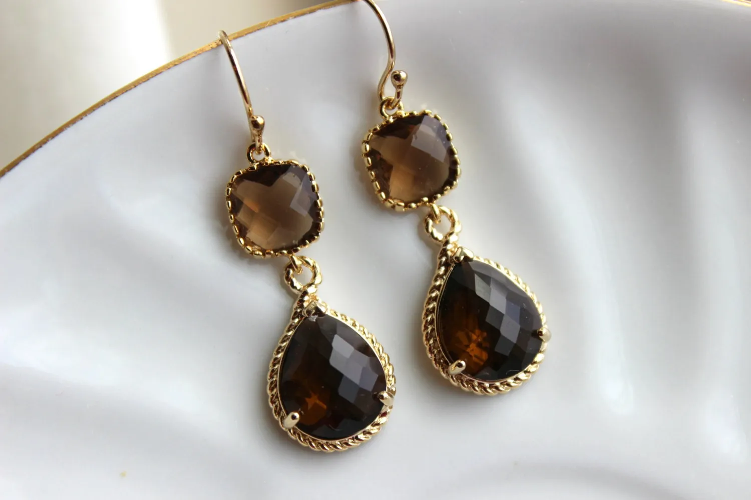 Smoky Brown Earrings Gold Two Tier Teardrop Topaz Bridesmaid Earrings - Bridal Earrings - Wedding Jewelry - Brown Bridesmaid Jewelry