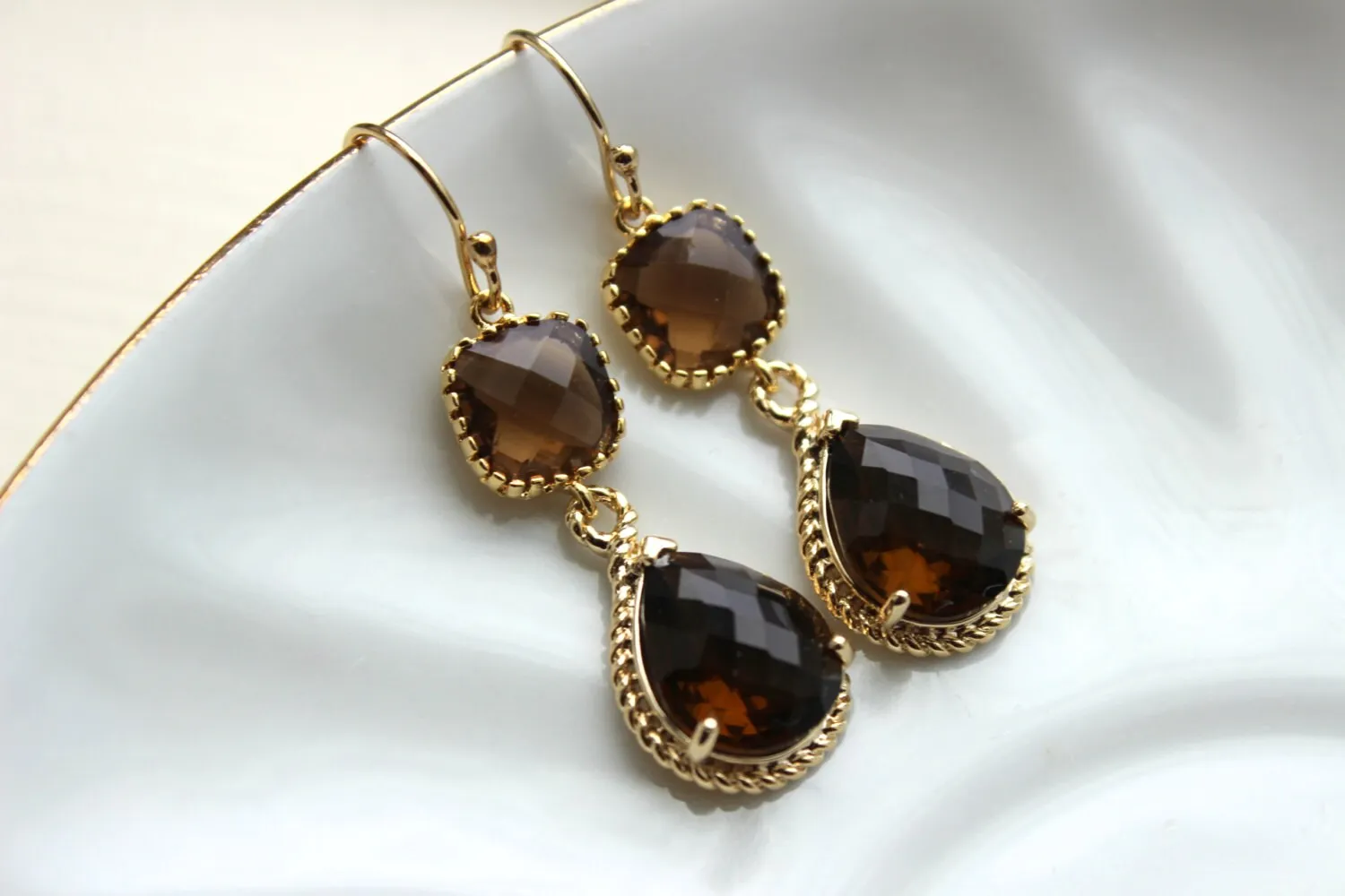 Smoky Brown Earrings Gold Two Tier Teardrop Topaz Bridesmaid Earrings - Bridal Earrings - Wedding Jewelry - Brown Bridesmaid Jewelry