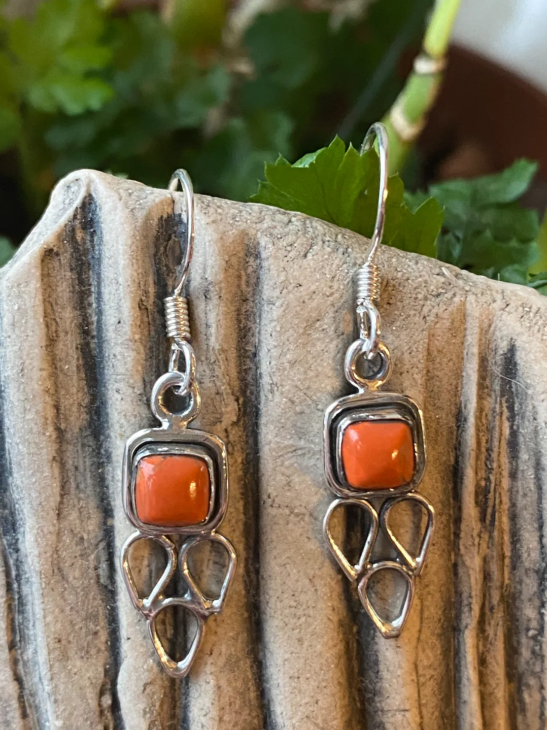 Solid Silver Orange Copper Turquoise Drop Earrings with Triple Triangle Detail