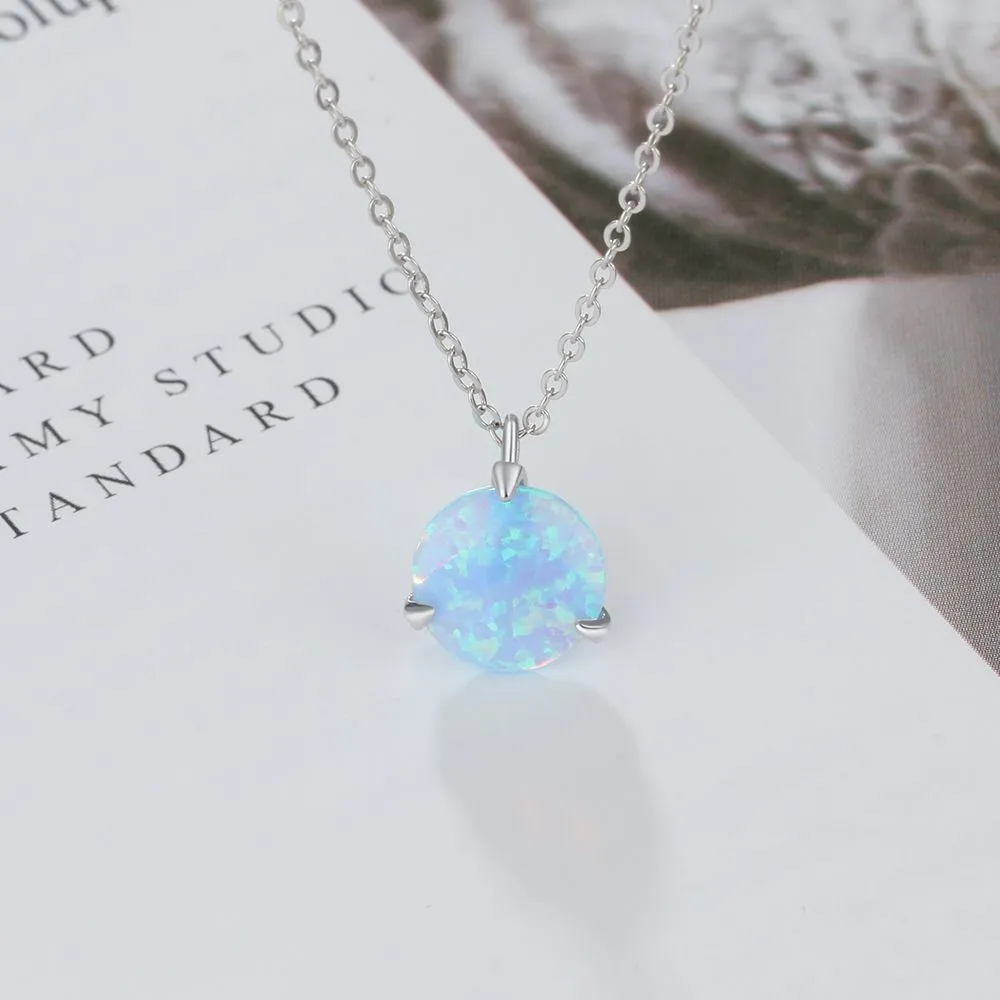 Solitaire Round Blue Opal Sterling Silver Necklace