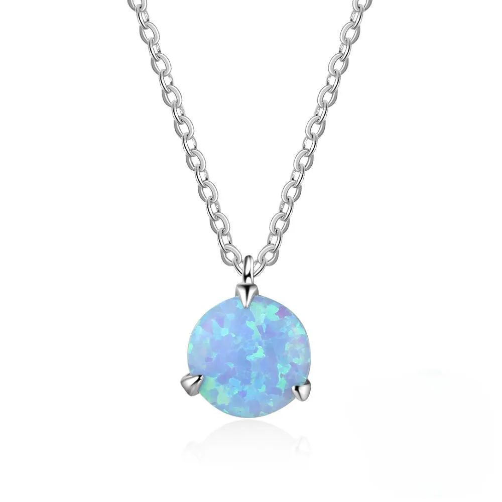 Solitaire Round Blue Opal Sterling Silver Necklace