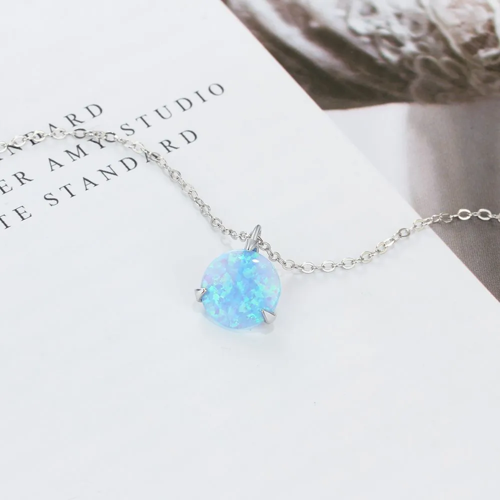 Solitaire Round Blue Opal Sterling Silver Necklace