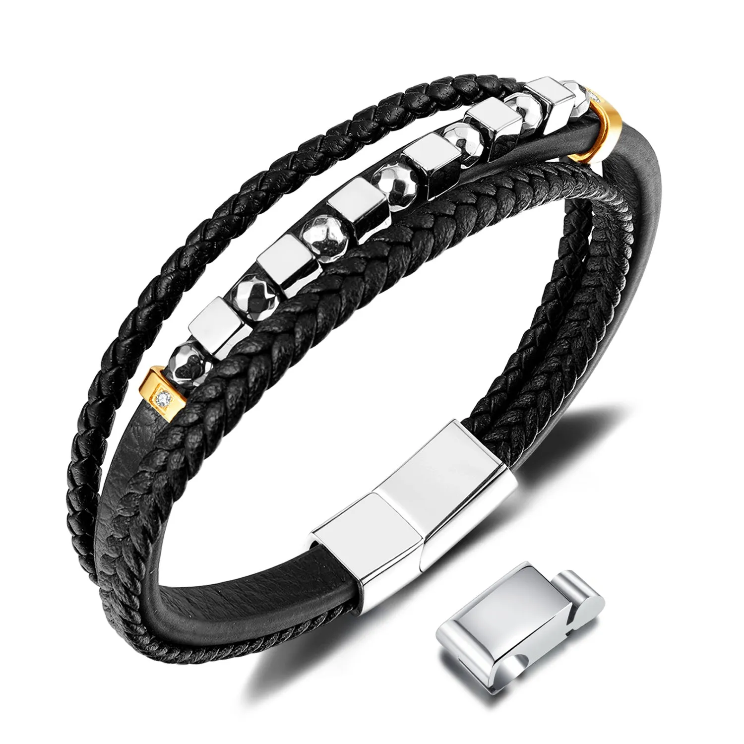 Sophisticated Men's Black Leather and Stainless Steel Beaded Bracelet – Elegant Design with Magnetic Clasp