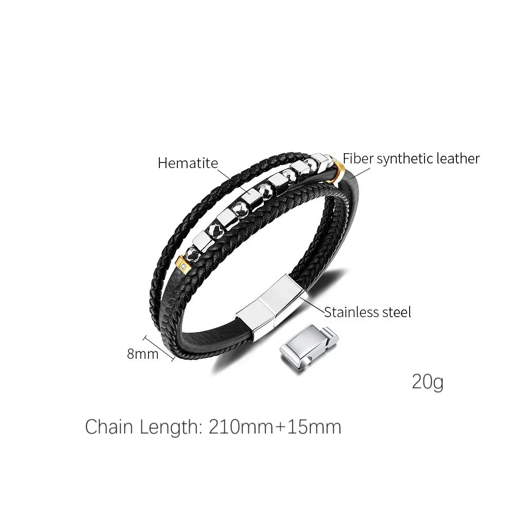 Sophisticated Men's Black Leather and Stainless Steel Beaded Bracelet – Elegant Design with Magnetic Clasp