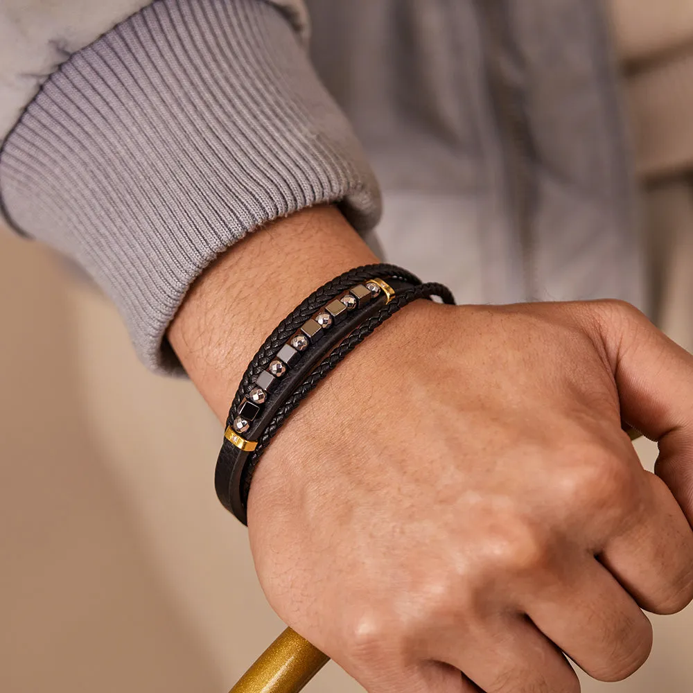 Sophisticated Men's Black Leather and Stainless Steel Beaded Bracelet – Elegant Design with Magnetic Clasp