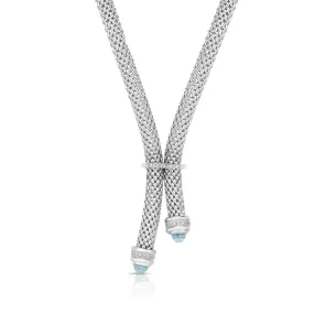 Sterling Silver 18 inches with Rhodium Finish 7mm Shiny Dome Lariat Popcorn Length Necklace with Giant Spring Ring Clasp with 0.0950ct 1mm White Diamond  Round Blue Topaz