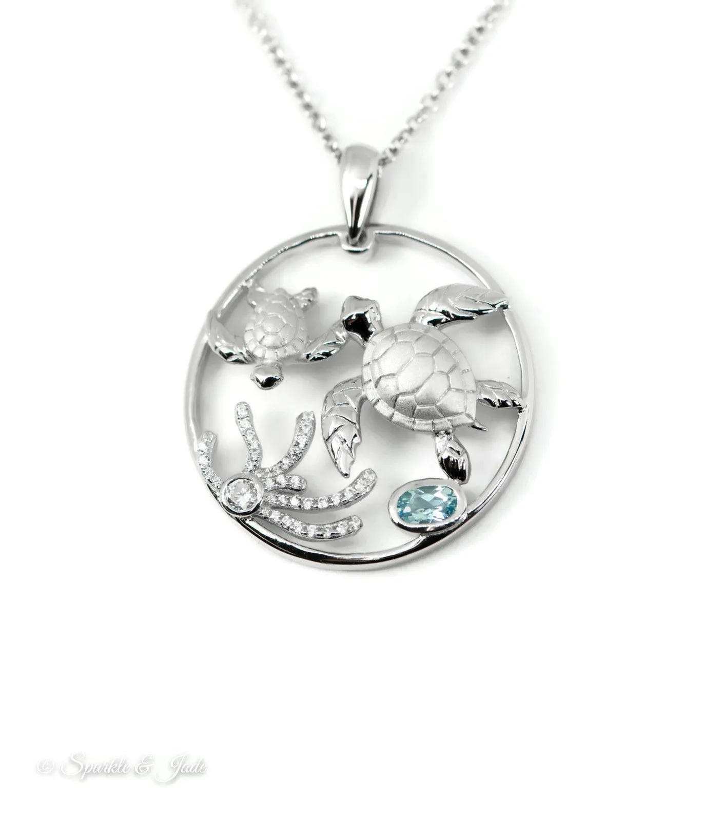 Sterling Silver Alamea Hawaii Mom & Baby Turtle Blue Topaz Pendant