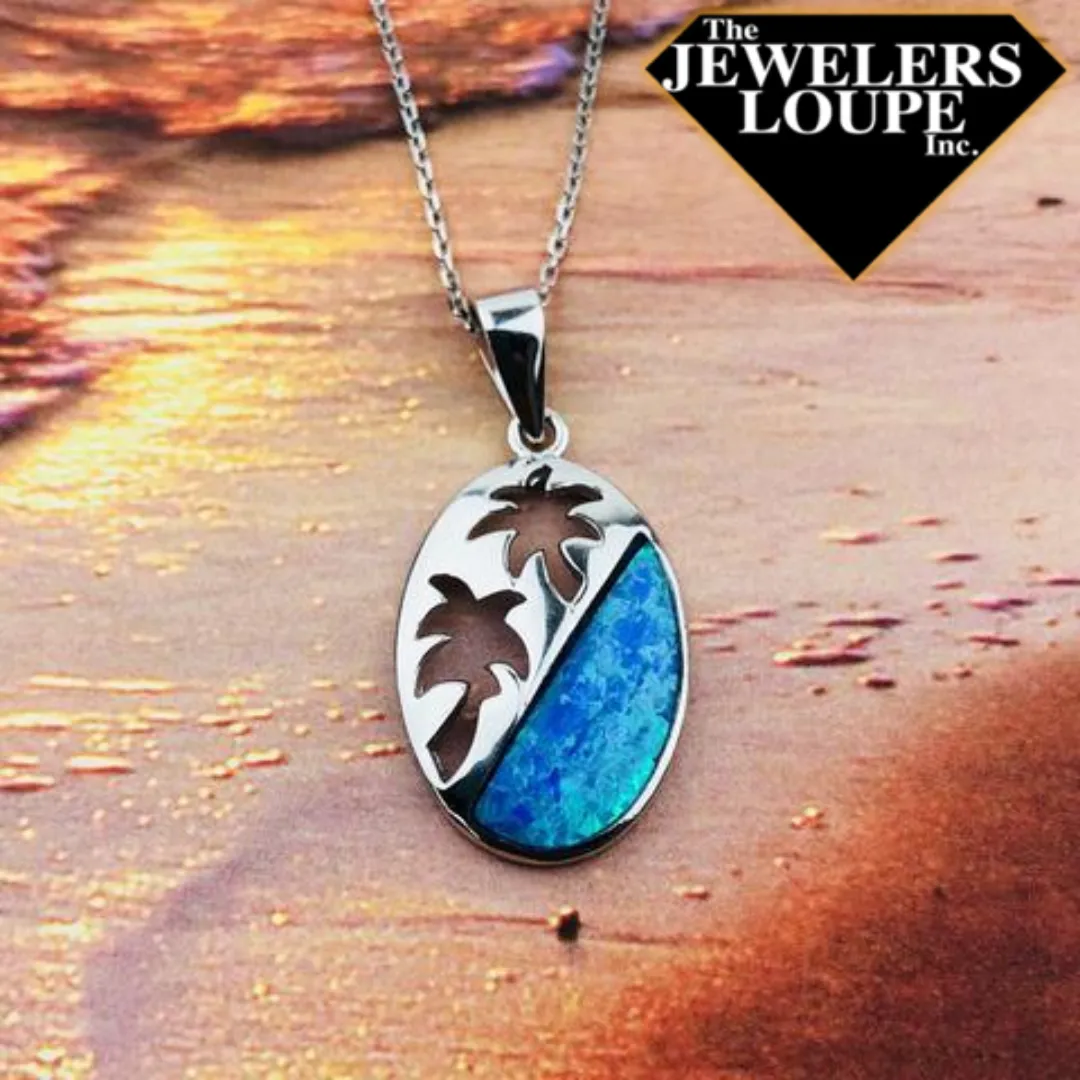 Sterling Silver Blue Inlay Created Opal with Palm Tree Cut Outs Oval Pendant (93205)