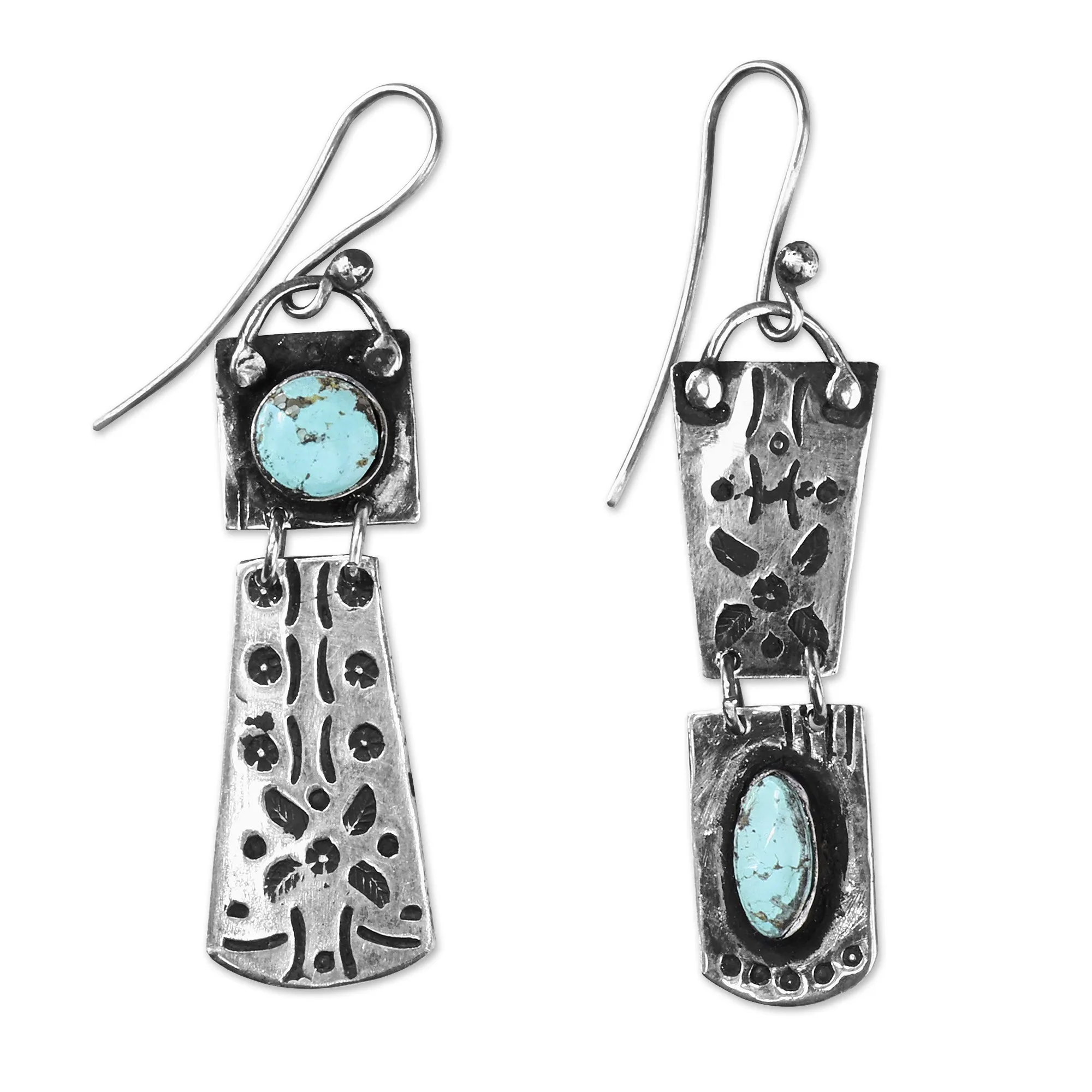 Sterling Silver Dangle Earrings with Oval & Round Turquoise - Enchanting Allure | NOVICA