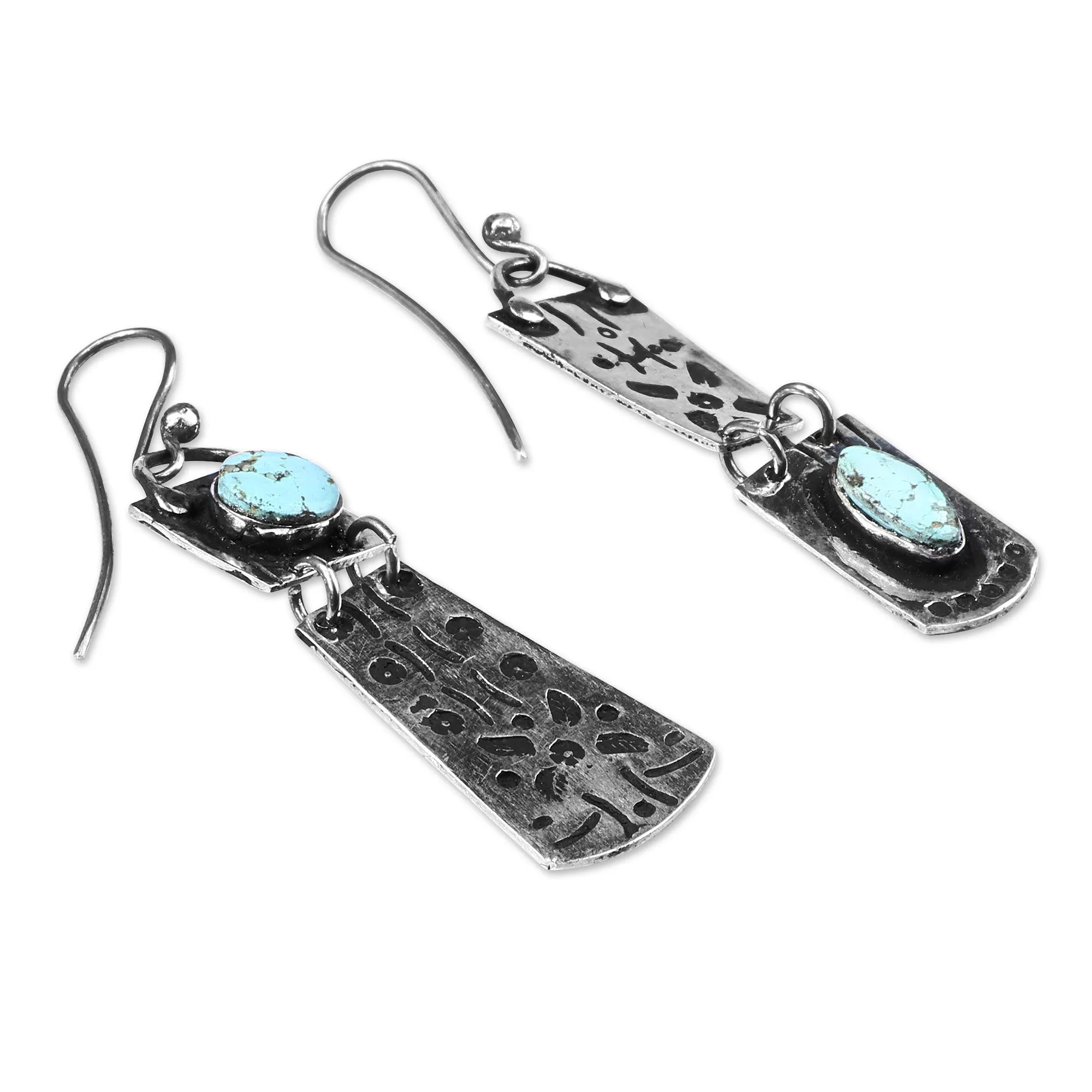 Sterling Silver Dangle Earrings with Oval & Round Turquoise - Enchanting Allure | NOVICA