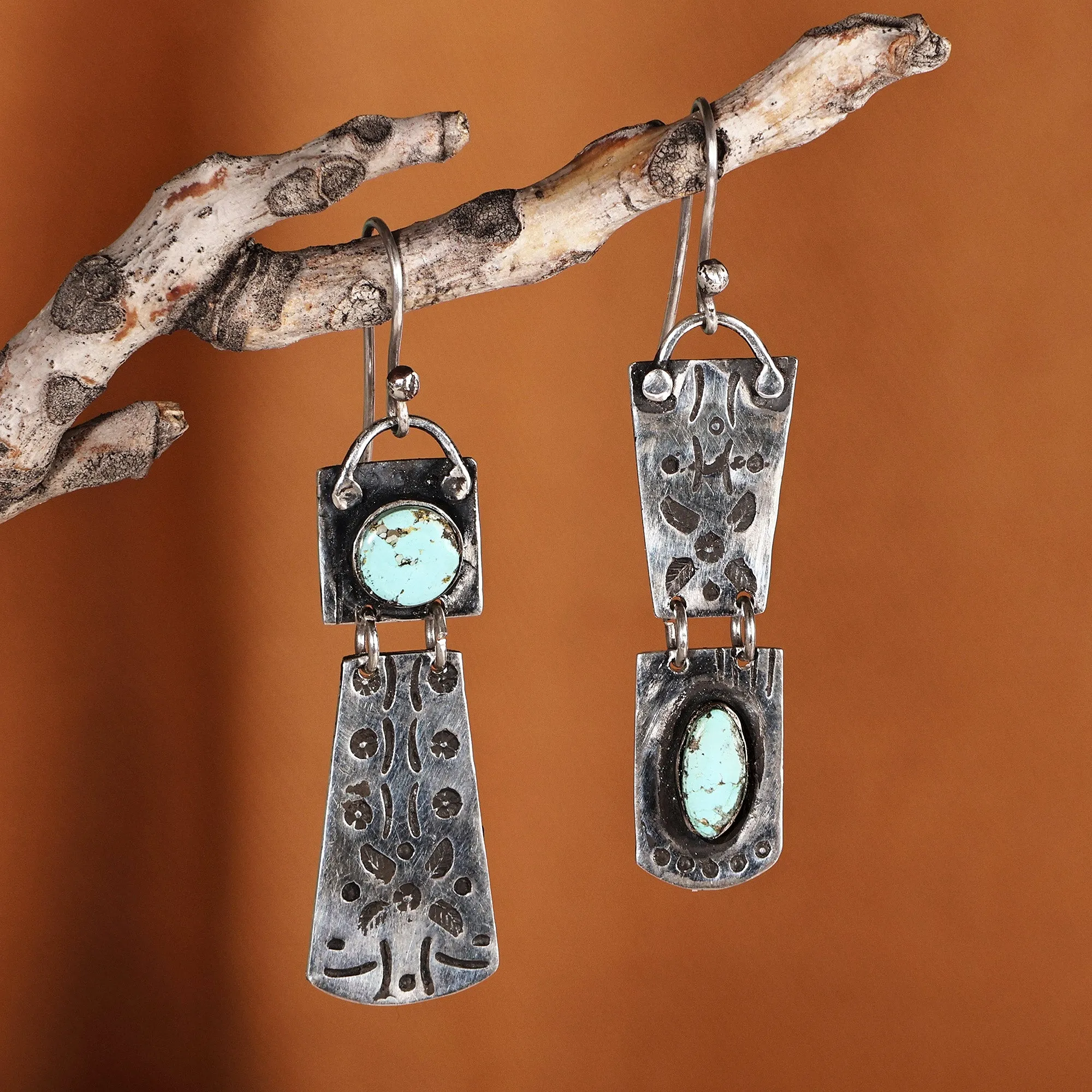 Sterling Silver Dangle Earrings with Oval & Round Turquoise - Enchanting Allure | NOVICA