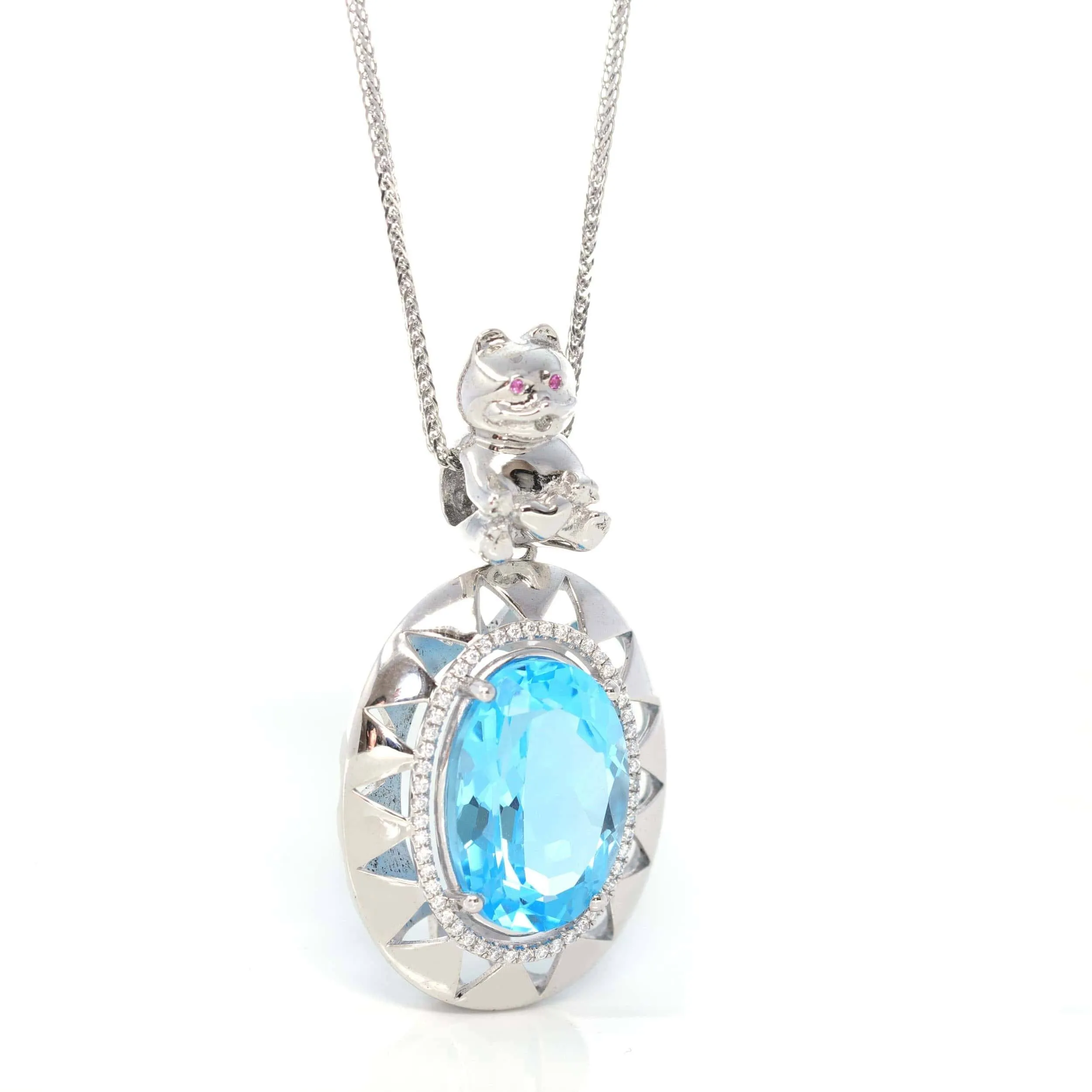 Sterling Silver Natural Topaz Luxury Pendant Necklace With Lovely Bear