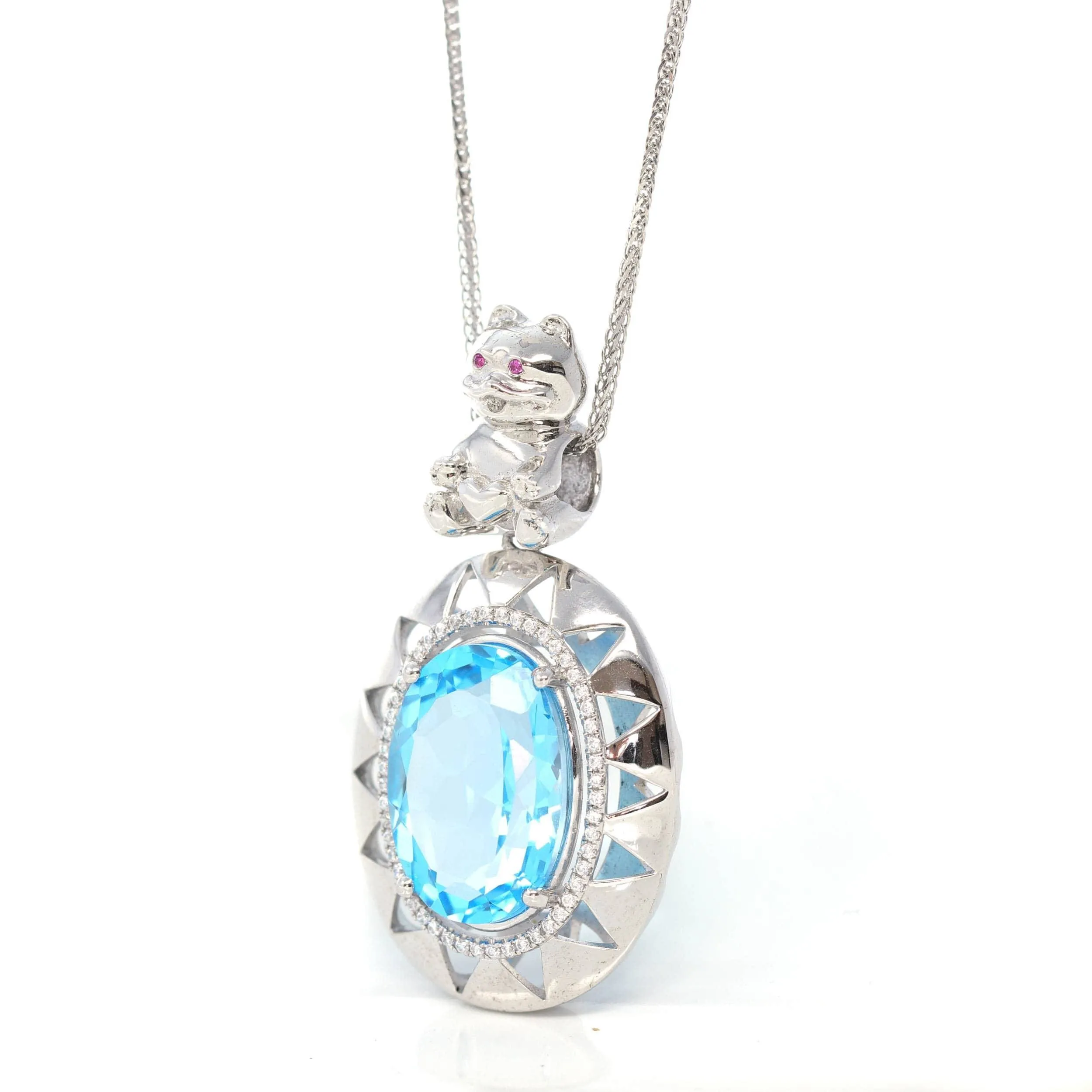 Sterling Silver Natural Topaz Luxury Pendant Necklace With Lovely Bear