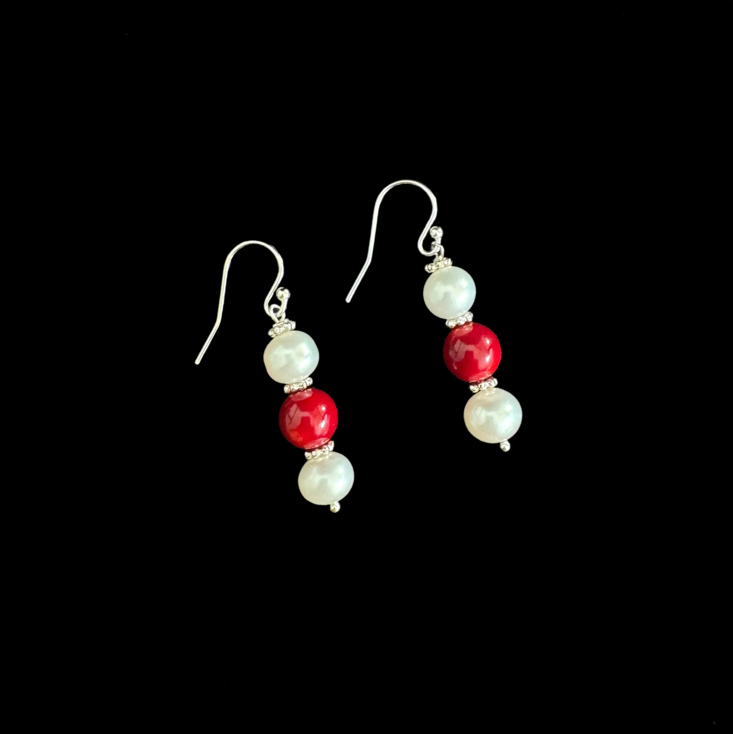 Sterling Silver Pearl Coral Hook Dangler Earring-1pair