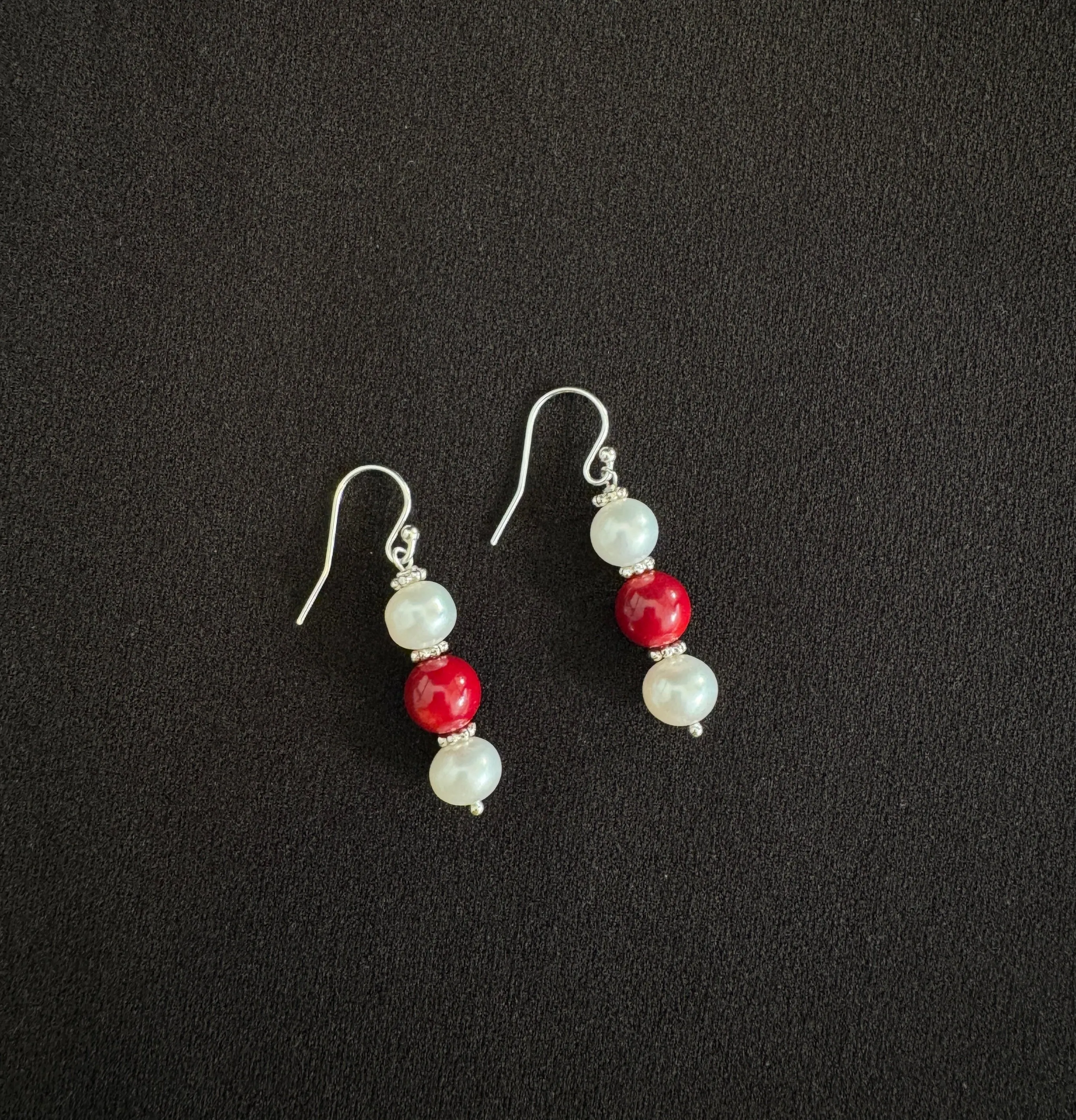 Sterling Silver Pearl Coral Hook Dangler Earring-1pair