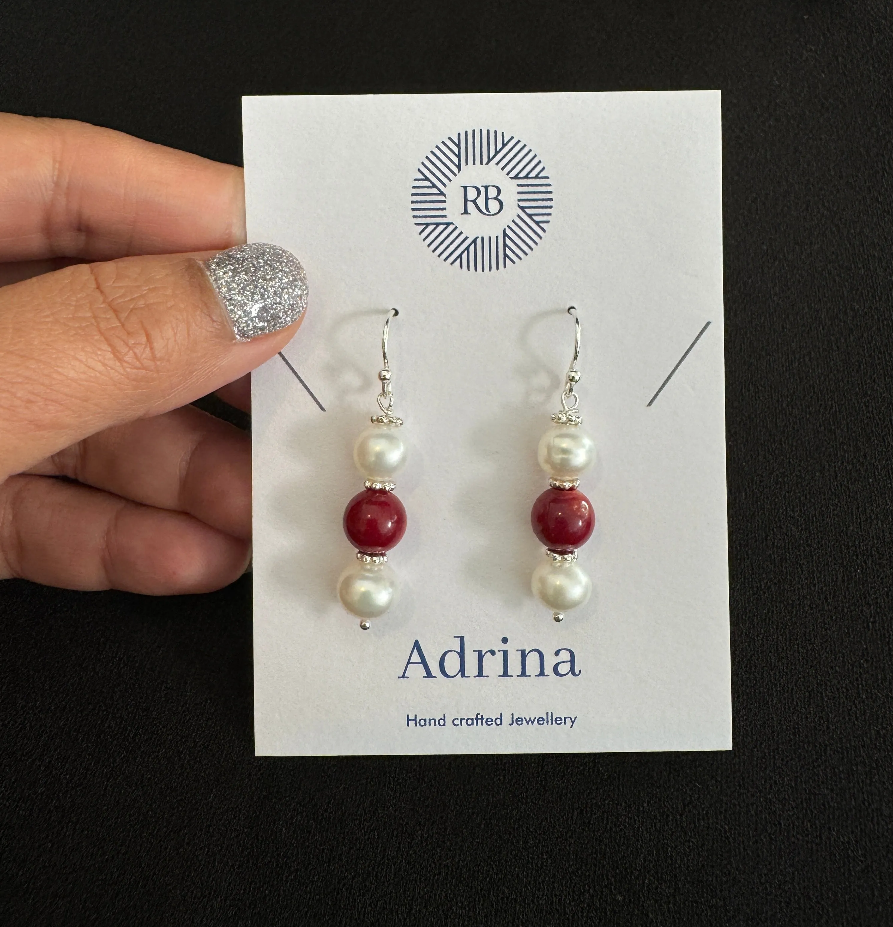 Sterling Silver Pearl Coral Hook Dangler Earring-1pair