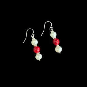 Sterling Silver Pearl Coral Hook Dangler Earring-1pair