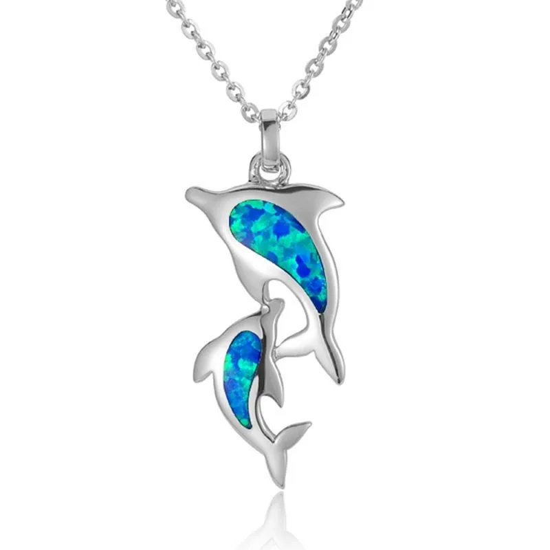 Sterling Silver Pendantwith Two Dolphins and Opal Inlay