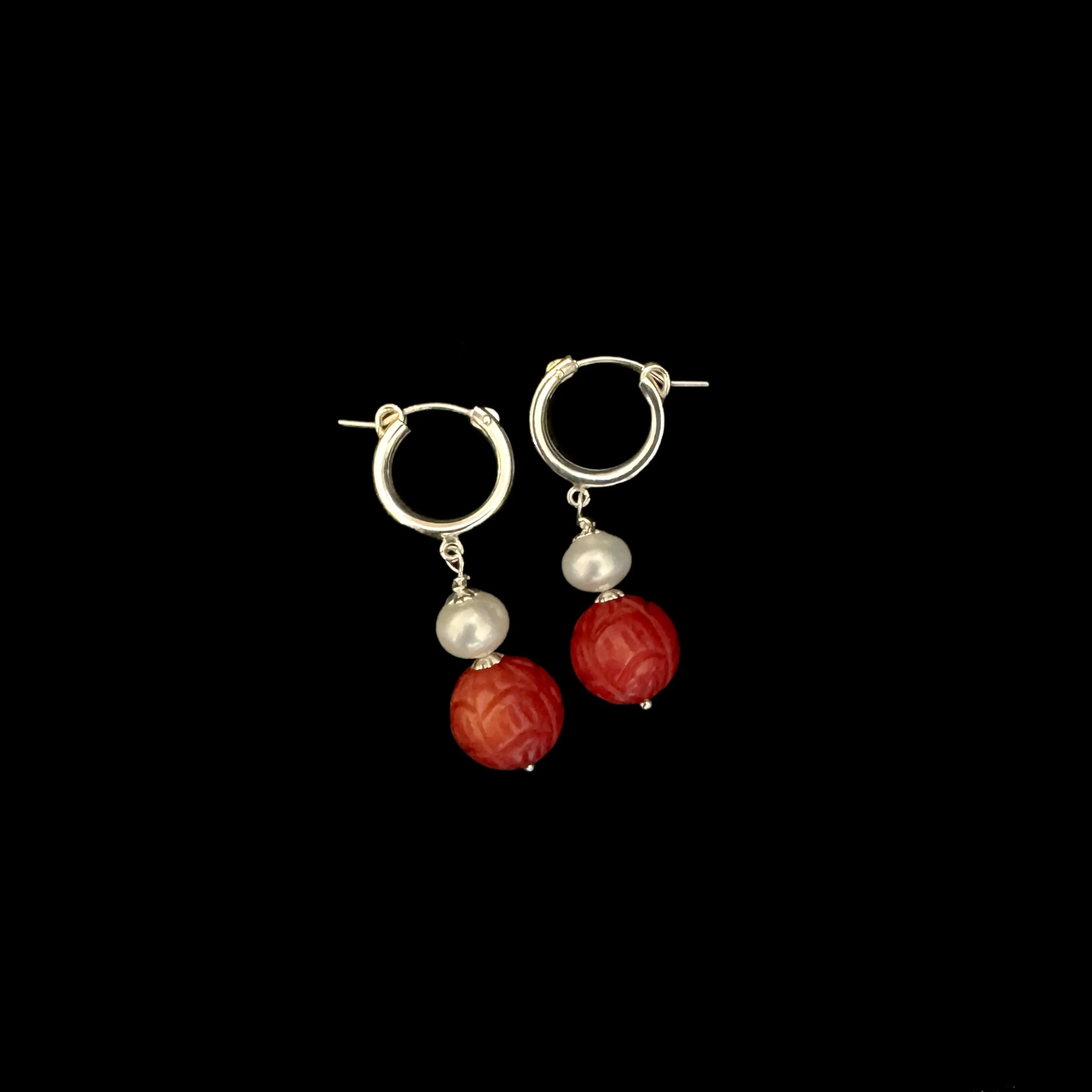 Sterling Silver Synthetic Carved Coral FW Pearl Hinged Dangler Earring-1pair