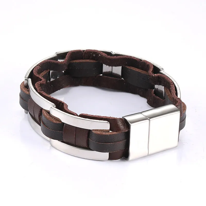 Stylish Korean Men's Leather and Stainless Steel Bracelet - Customized Retro Jewelry for Wholesale