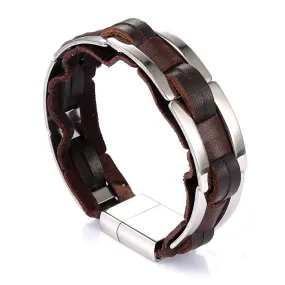 Stylish Korean Men's Leather and Stainless Steel Bracelet - Customized Retro Jewelry for Wholesale