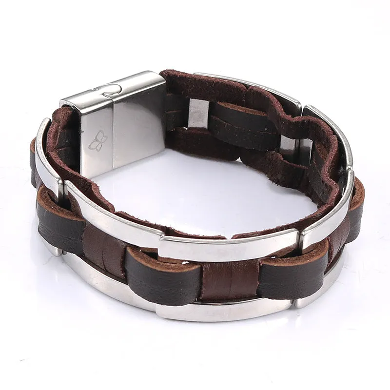 Stylish Korean Men's Leather and Stainless Steel Bracelet - Customized Retro Jewelry for Wholesale