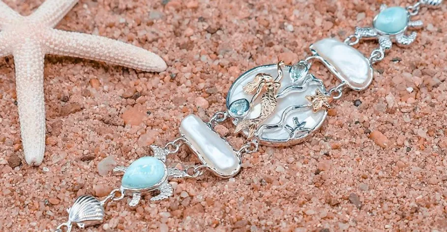 Swimming Mermaid and Sea Turtles Bracelet with Larimar, Blue Topaz, Mother of Pearl and Fresh Water Pearls - Only One Piece Created