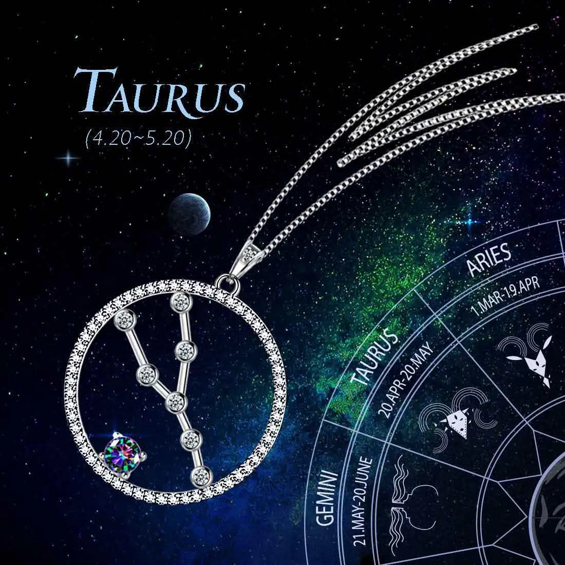 Taurus Zodiac Necklace Pendant Women Girls Jewelry Birthday Gift Mystic Topaz 925 Silver