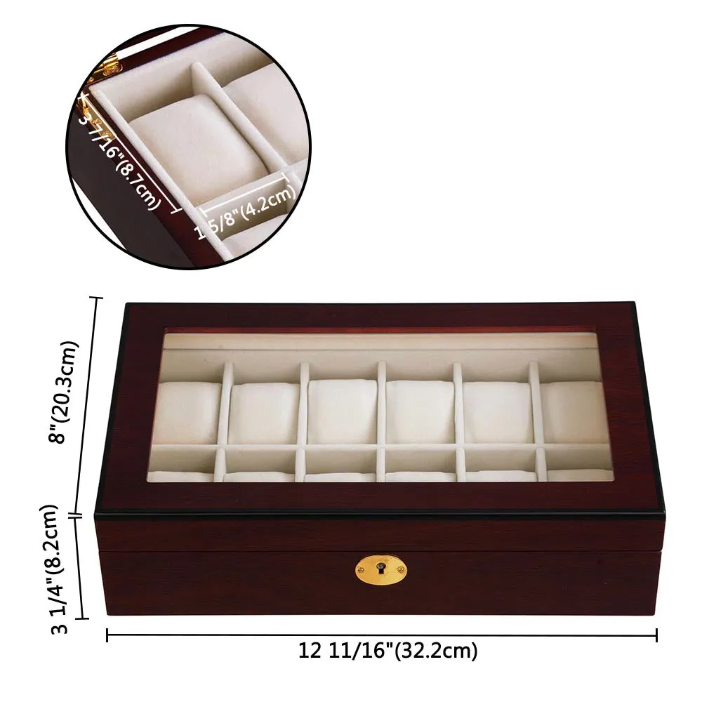 TheLAShop Lockable Watch Display Case 12-Slot Glass Top Wooden