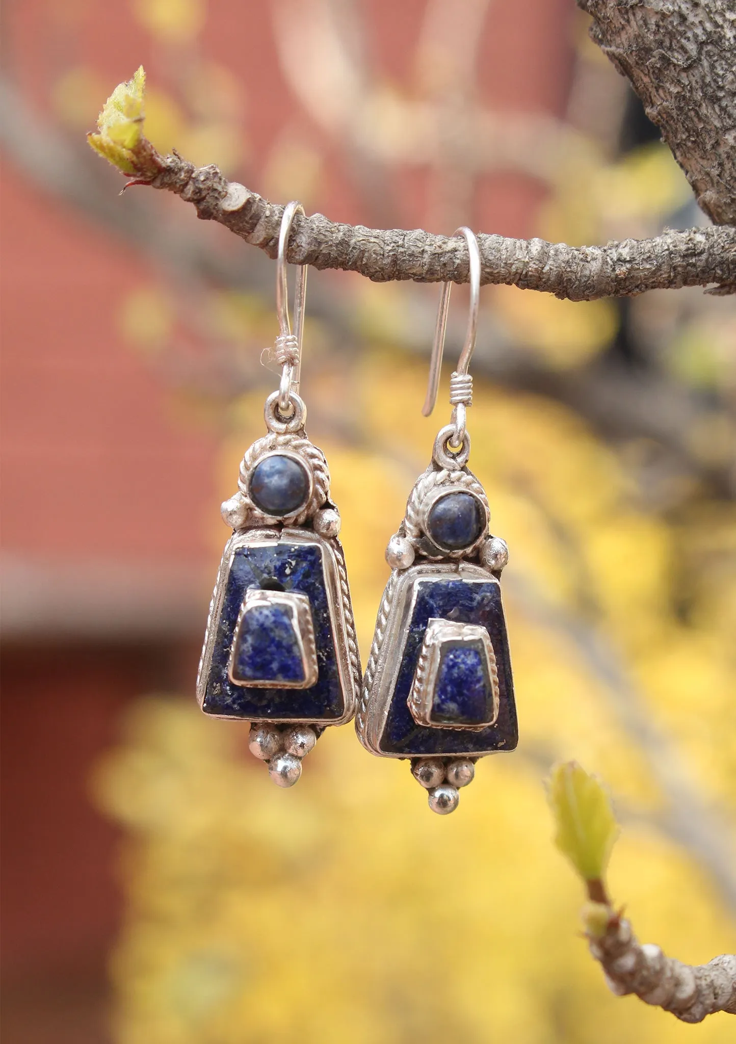 Tibetan Sterling Silver Inlaid Drop Earrings