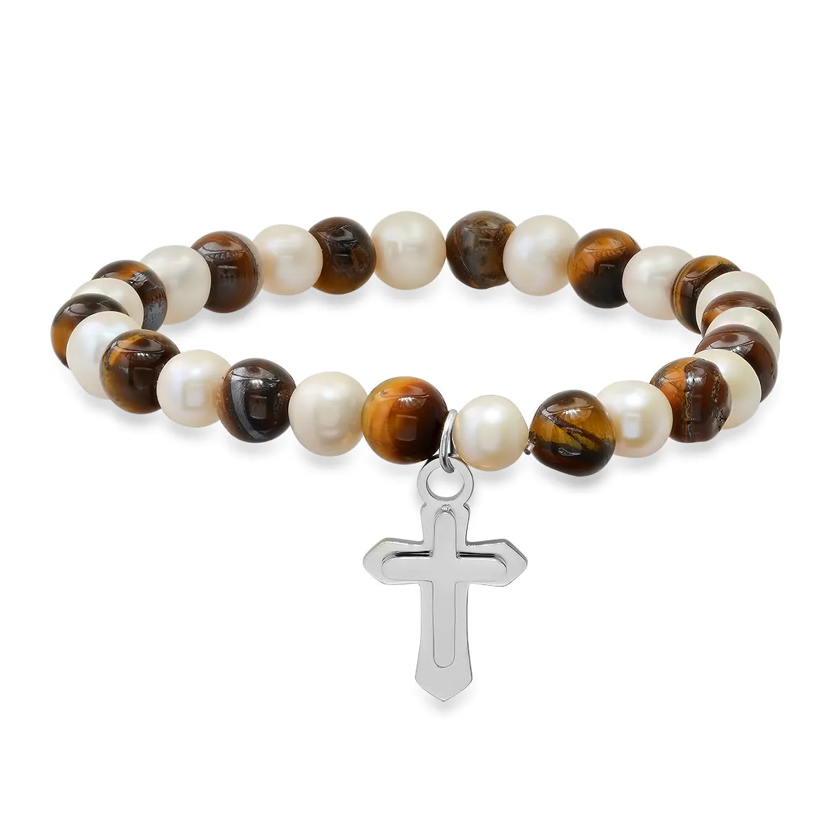 Tiger Eye   Pearl Stretch Bracelet w/ Gold Cross