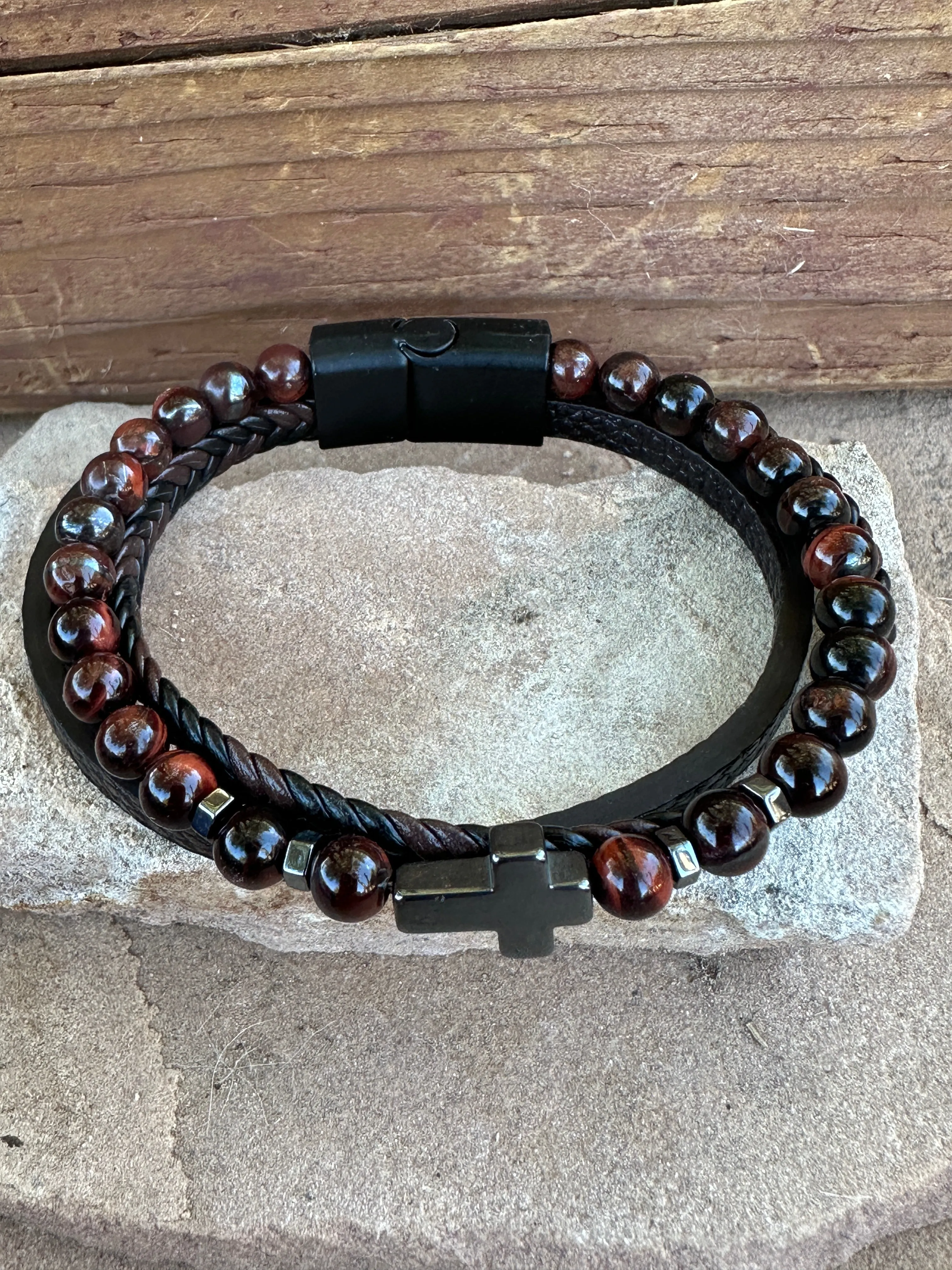 Tigers Eye Beaded Triple Wrap leather and Cross Bracelet