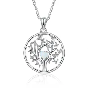 Tree of Life with Heart Shape Opal Circle Sterling Silver Necklace