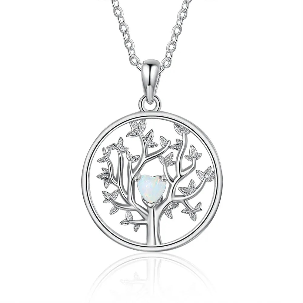 Tree of Life with Heart Shape Opal Circle Sterling Silver Necklace