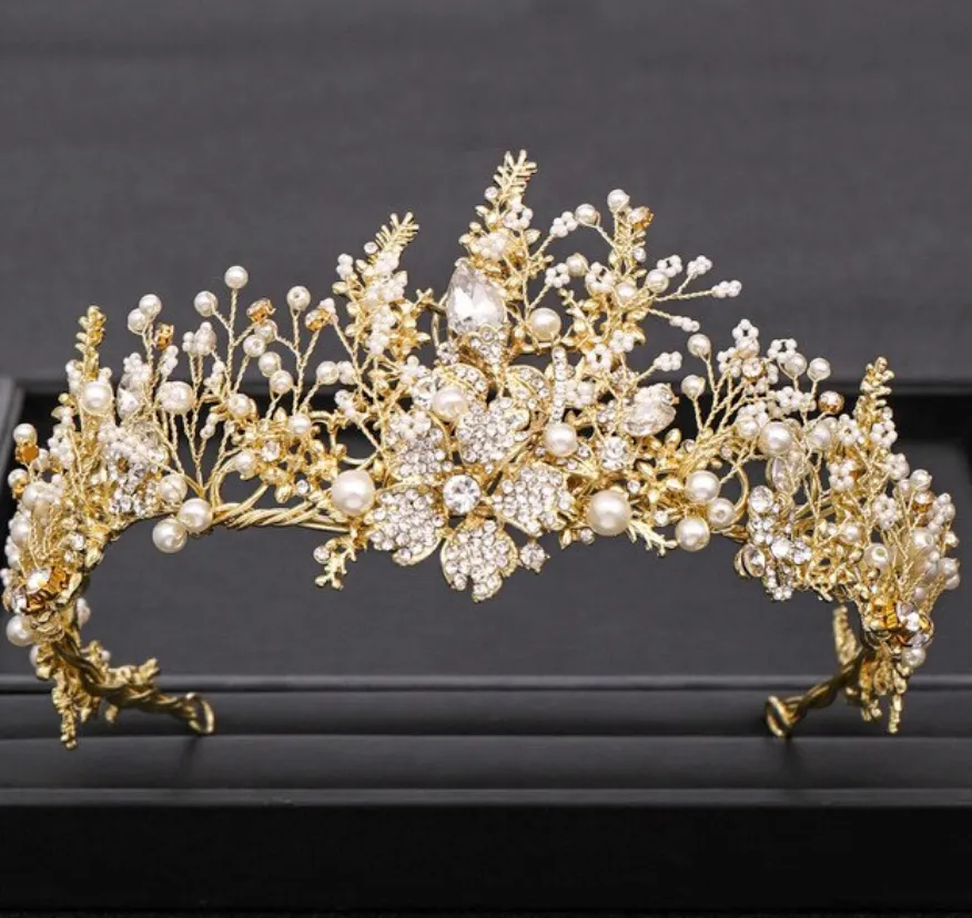 Trendy Handmade  Baroque Rhinestone Pearl Crystal Wedding Bridal Crown Hair Accessory