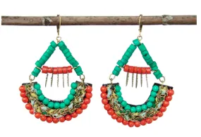 Turquoise and Coral Kantha Earrings