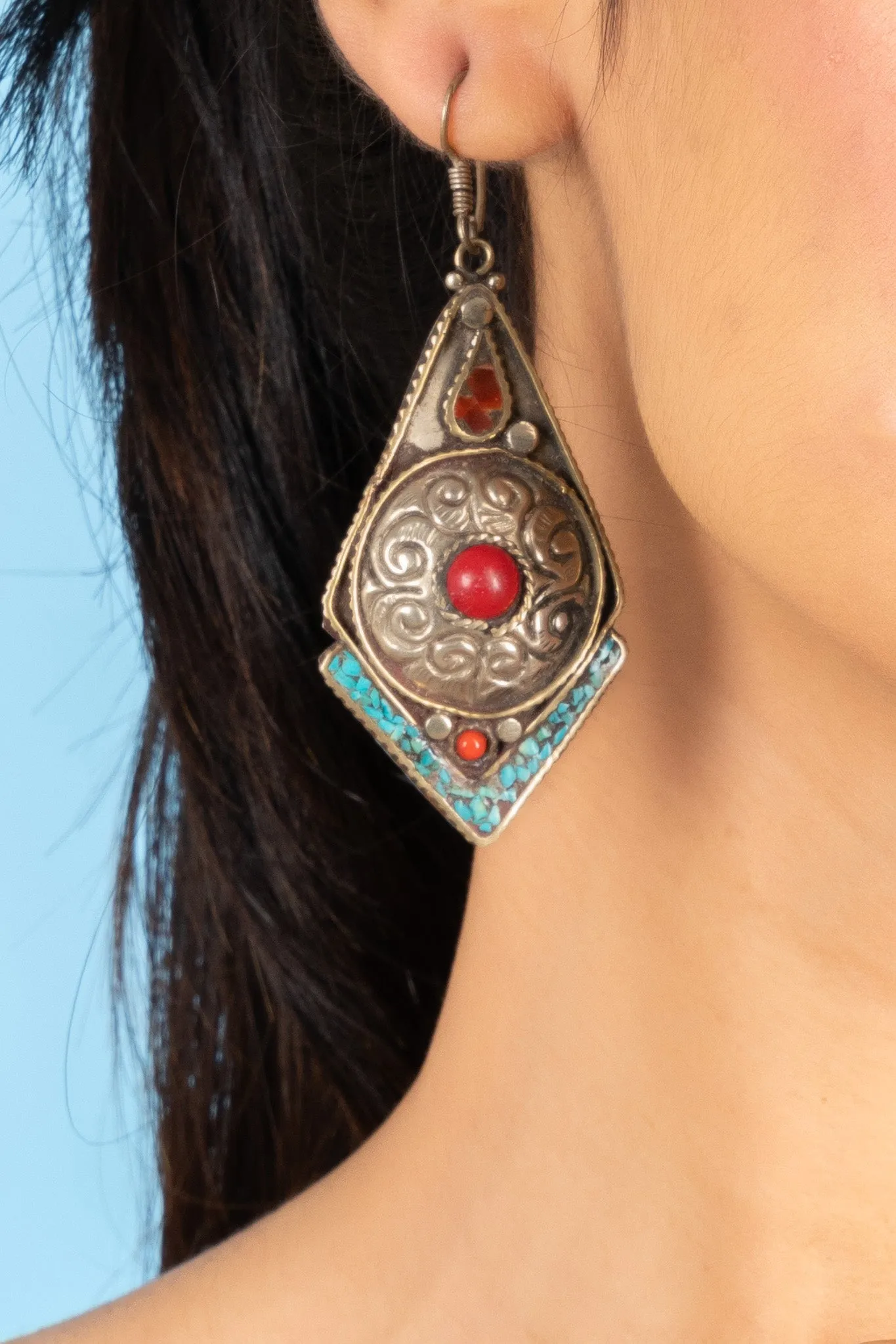 Turquoise and Red Coral Tibetan Earrings - Exquisite Artisan Design for Every Occasion