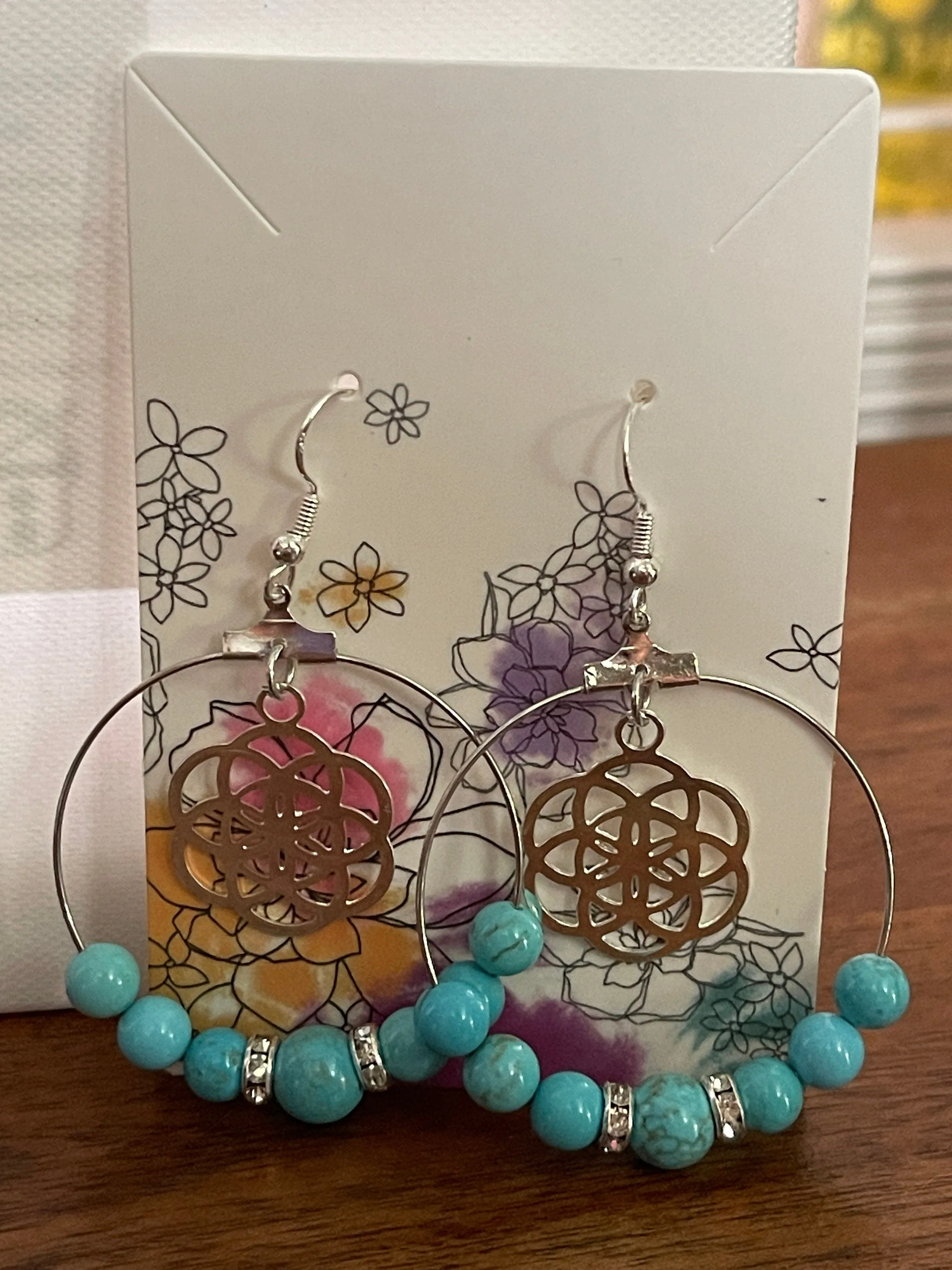 Turquoise Lovers Hoops | Turquoise Stones Earrings | Clear Rhinestone Spacers | Silver Hoops | Charm Earrings | Gifts for Her | Mothers Day Present