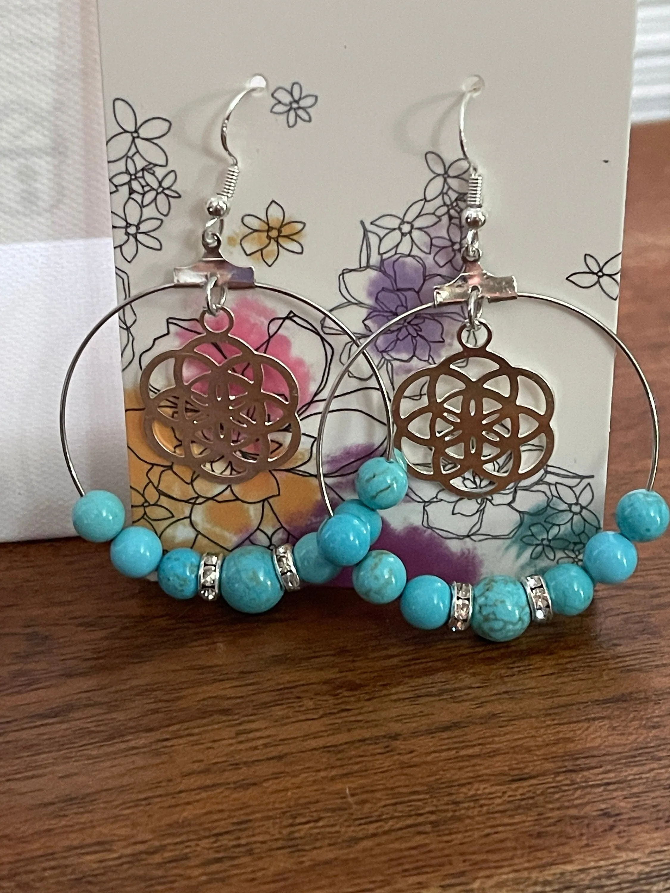 Turquoise Lovers Hoops | Turquoise Stones Earrings | Clear Rhinestone Spacers | Silver Hoops | Charm Earrings | Gifts for Her | Mothers Day Present