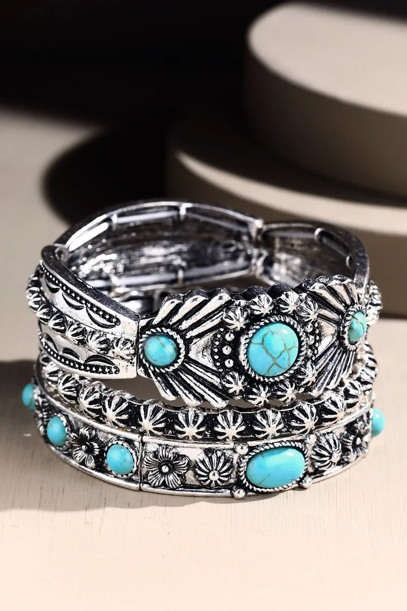 Turquoise Silver tone Stone Triple Layer Bracelet