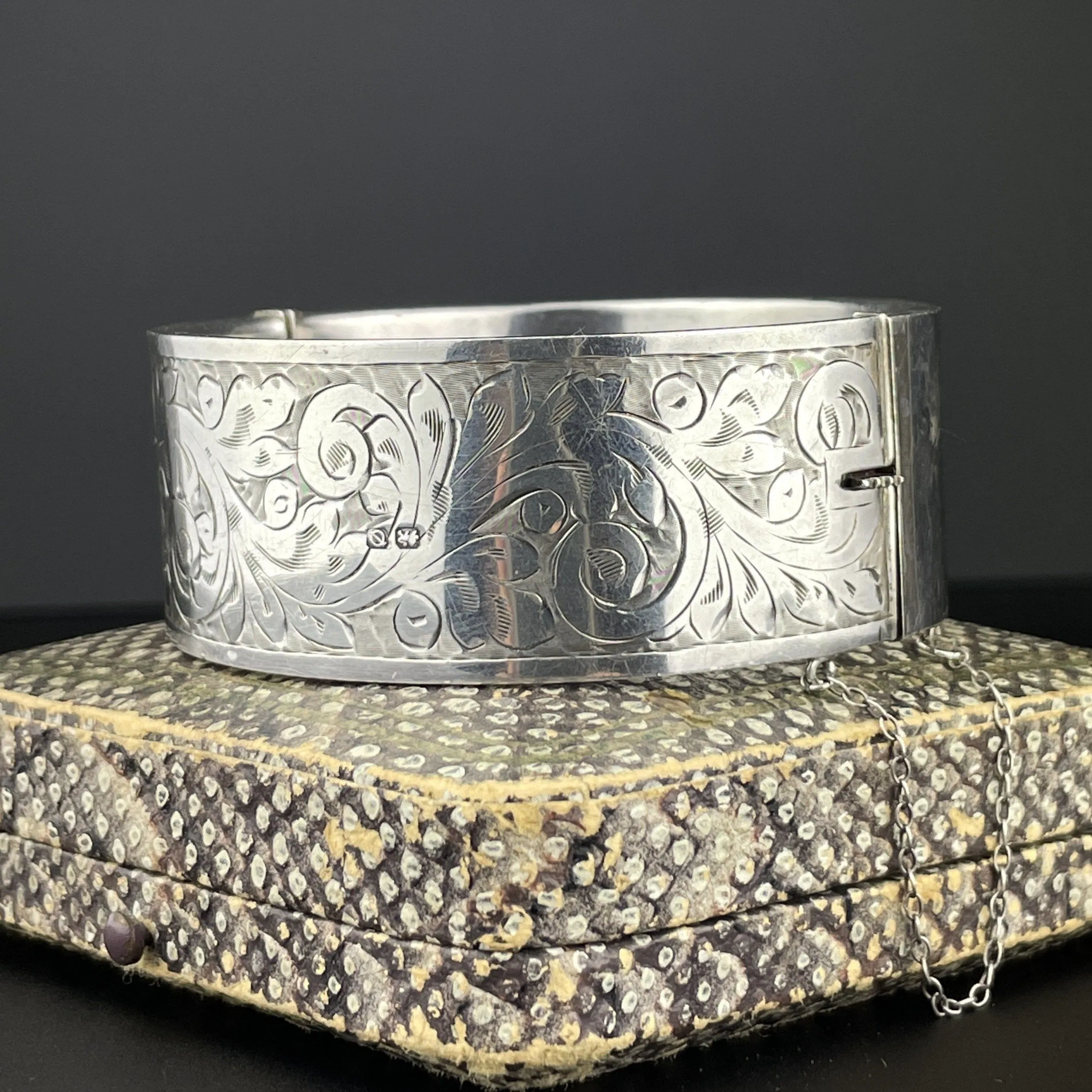 Victorian Engraved Silver Wide Cuff Bangle Bracelet