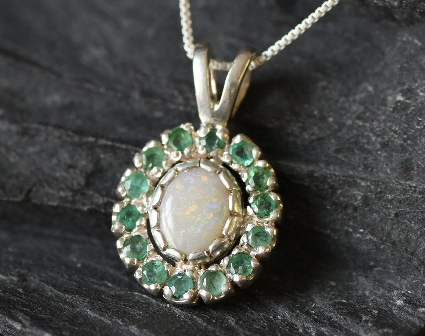 Victorian Opal Necklace - Opal Flower Necklace - White Green Pendant