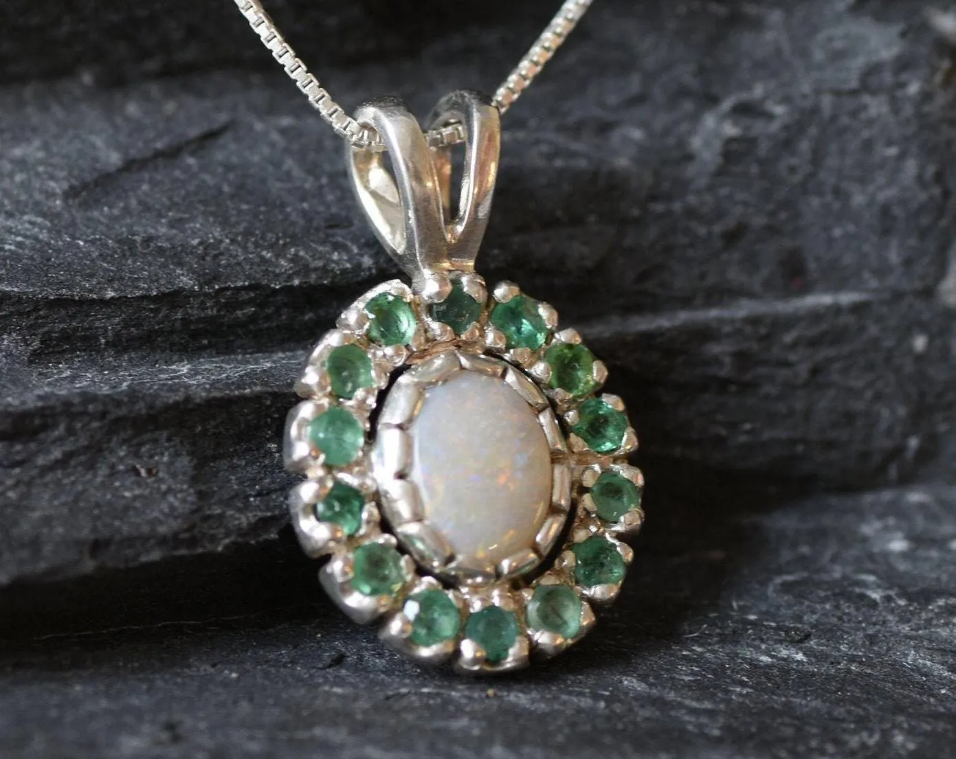 Victorian Opal Necklace - Opal Flower Necklace - White Green Pendant