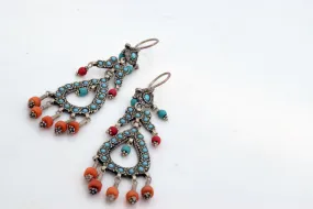 Vintage Afghani Uzbek Style Silver Turquoise and Coral Long Earrings