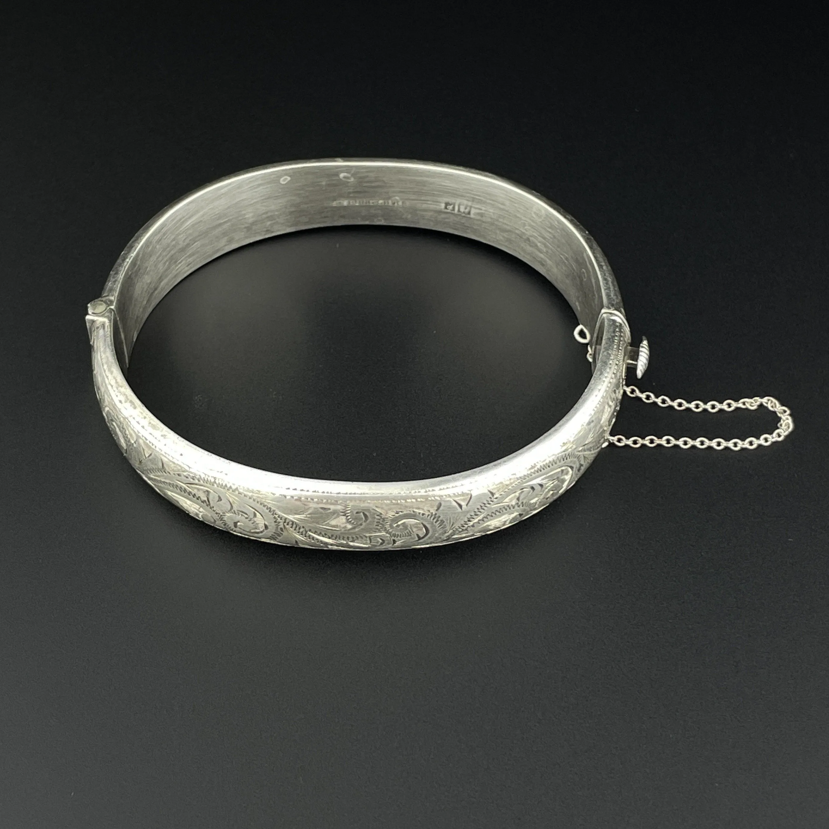 Vintage Engraved Scroll Leaf Silver Cuff Bangle Bracelet