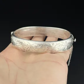 Vintage Engraved Scroll Leaf Silver Cuff Bangle Bracelet