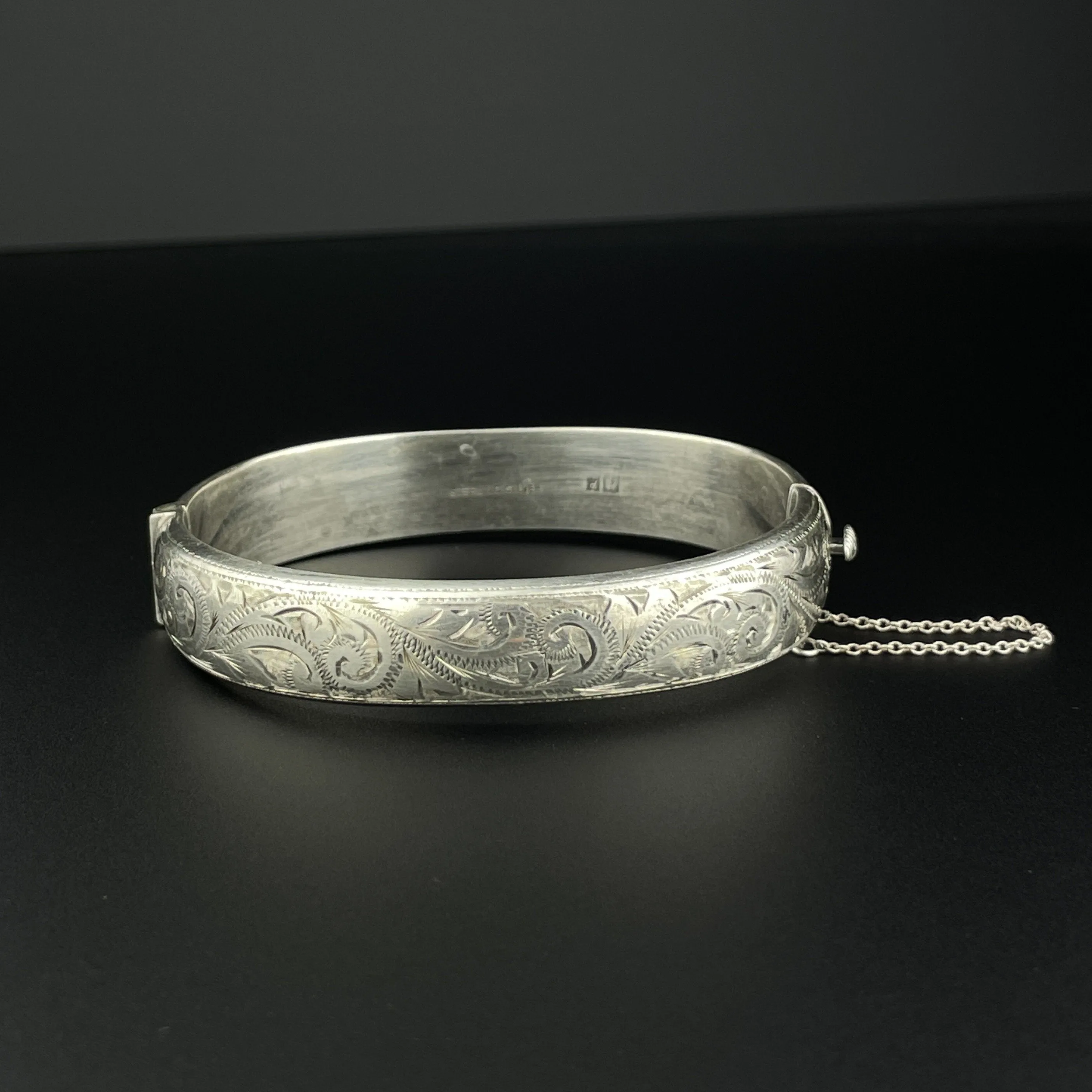 Vintage Engraved Scroll Leaf Silver Cuff Bangle Bracelet