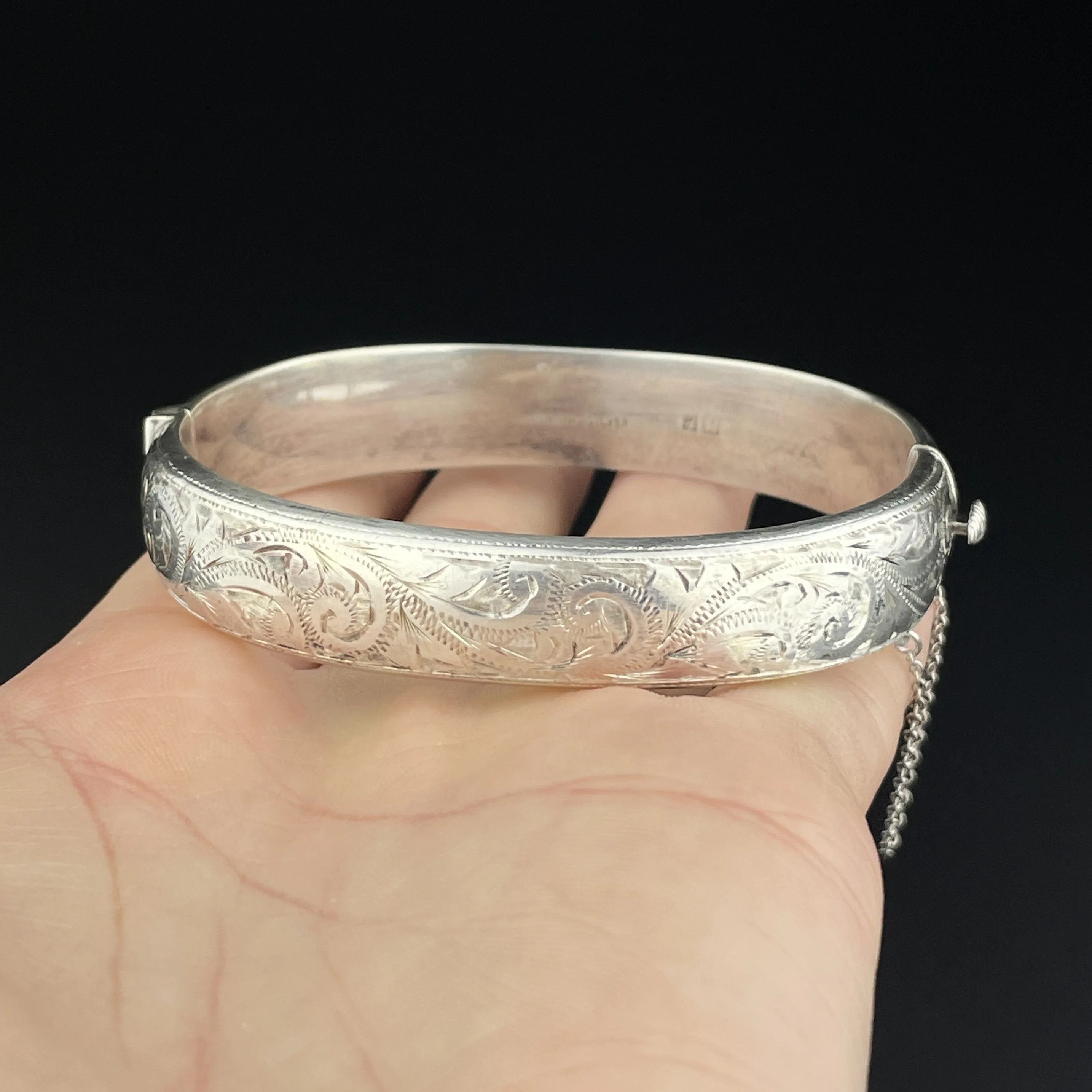 Vintage Engraved Scroll Leaf Silver Cuff Bangle Bracelet